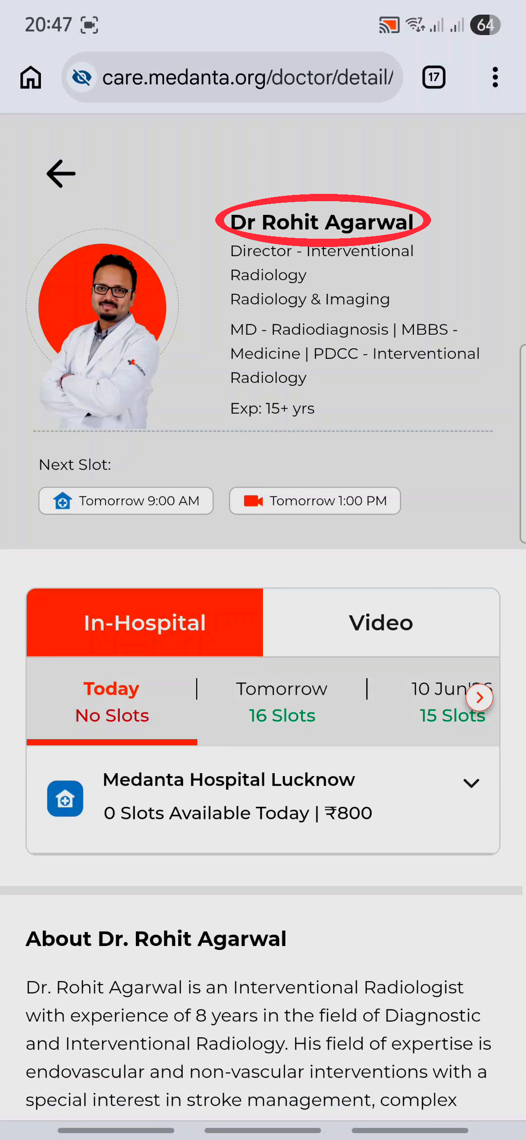 Dr. Rohit Agarwal profile on Medanta portal