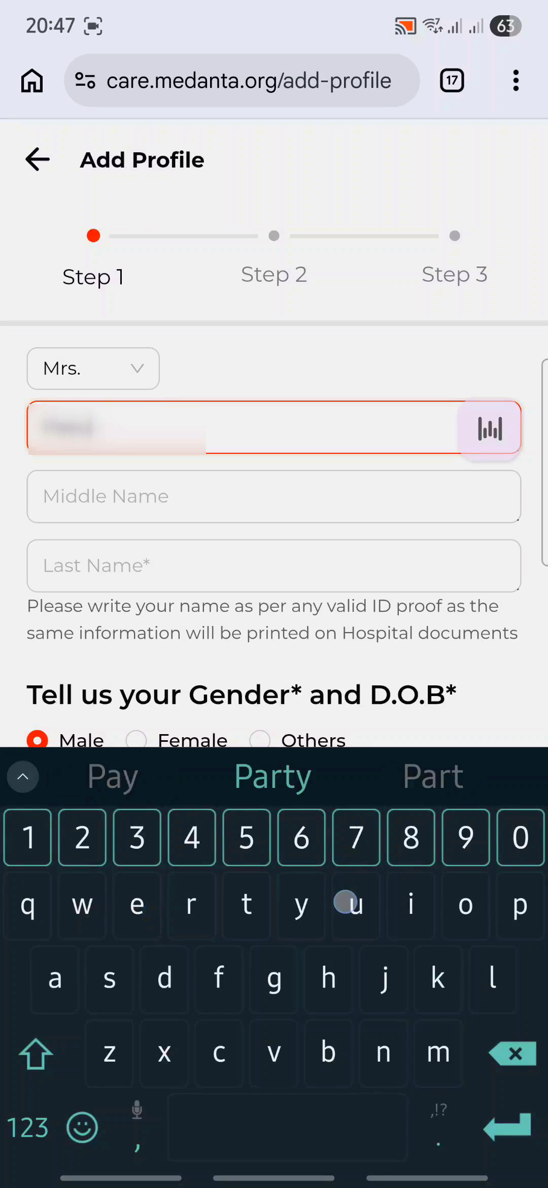 Enter name, gender, and date of birth