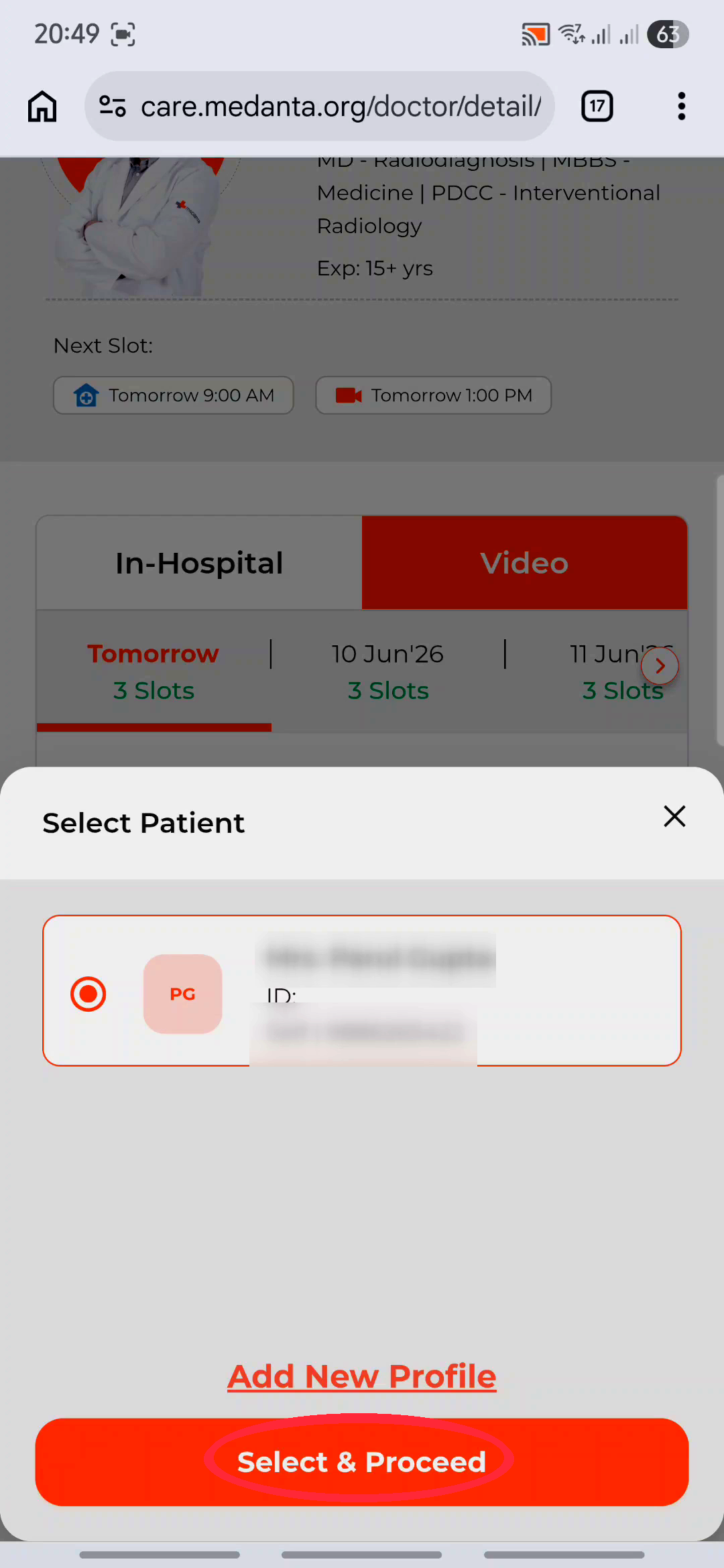 Pick slot and select patient profile